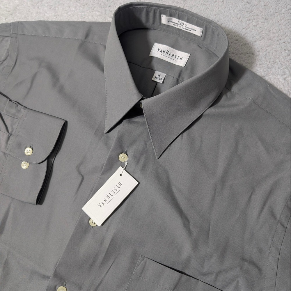 NEW! Van Heusen Dress Shirt Mens 16 34/35 Gray L/S Poplin Button Down